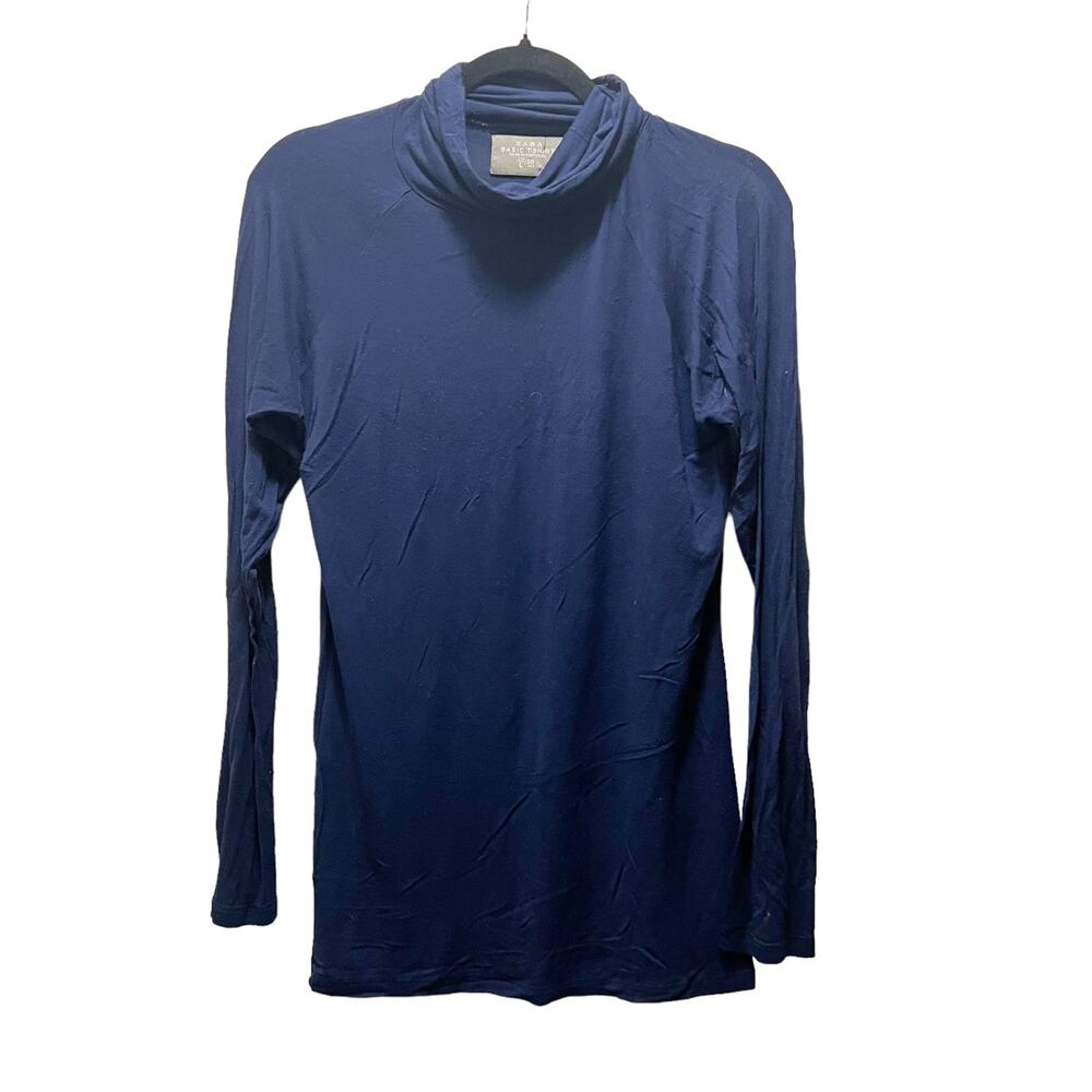 Zara Basic T-Shirt Navy Blue Turtleneck Long Sleeve Casual Top Thin Tee Size L